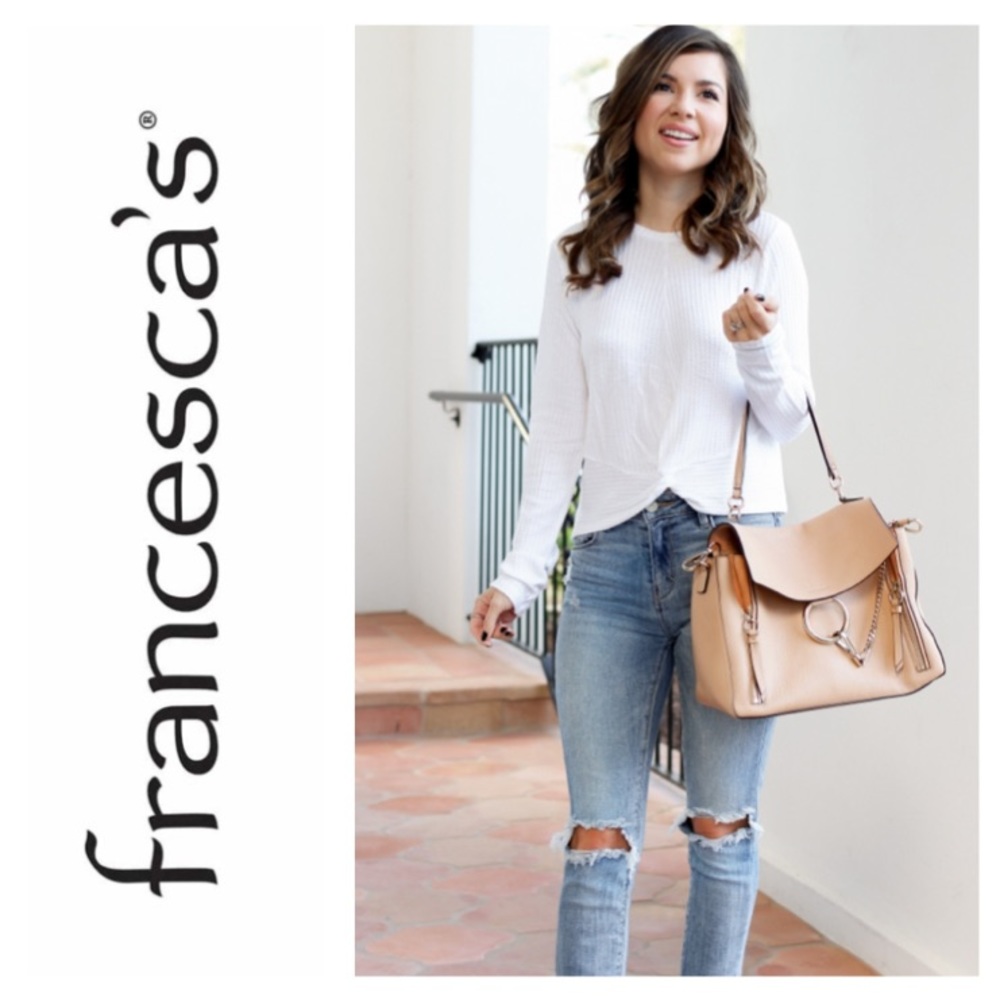NEW!  Francesca’s ‘Jun & Ivy’ mixed media knot-front eyelet-sleeve top